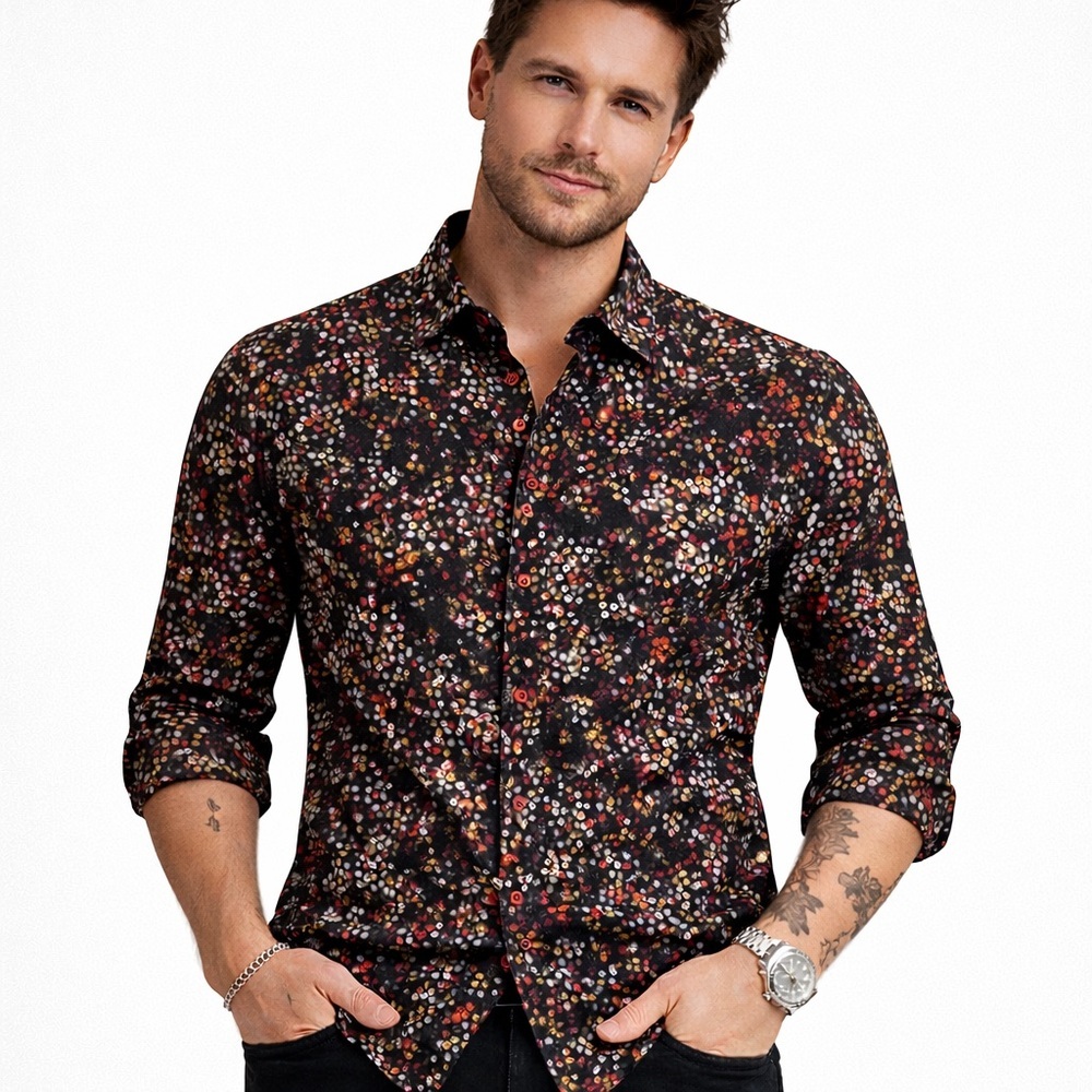 Au Noir Mens Long Sleeve Button-Up Shirt Black Multicolor Casual chic 6/2XL
